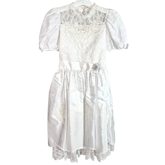 VTG White Lace Taffeta Flower Girl Communion Dress 12 Puff Sleeve Bow Nicole - Picture 2 of 12